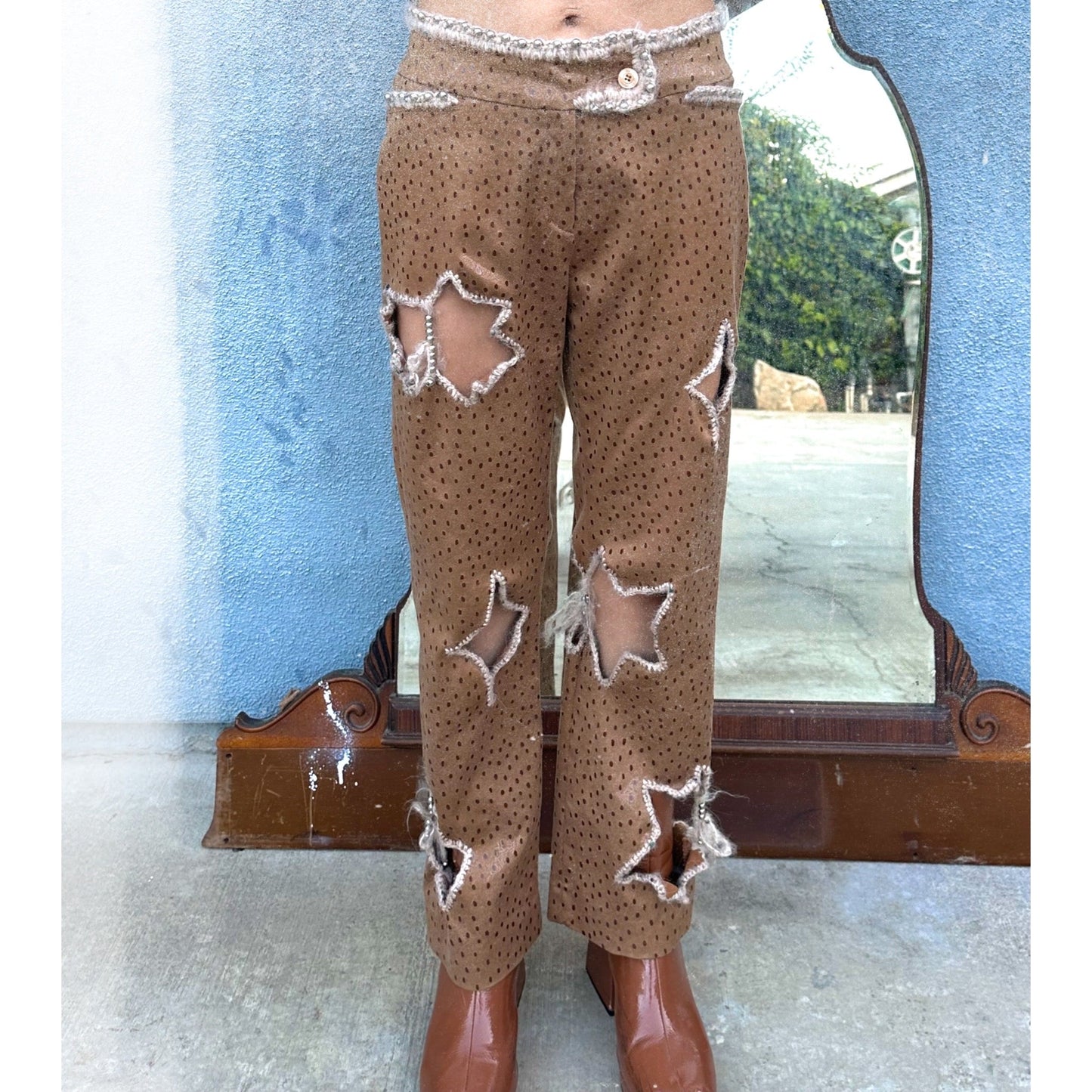 Vintage Faux Tan Spotted Pants with Silver Beaded Crochet Trim and cut outs