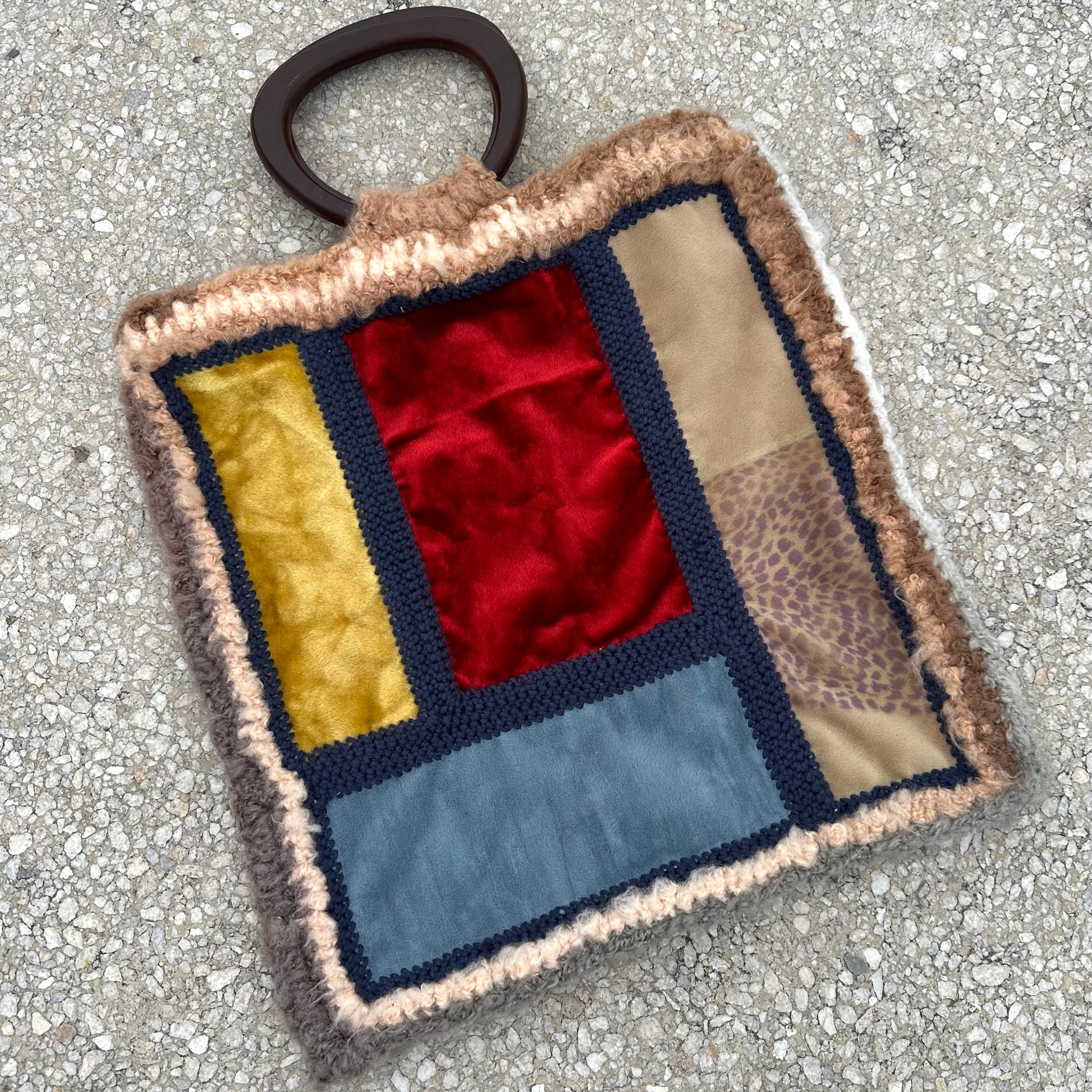 Multicolored patchwork mohair purse with brown handles