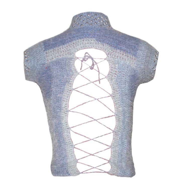 Fuzzy knit short sleeved sweater with pearl beading on the neckline.