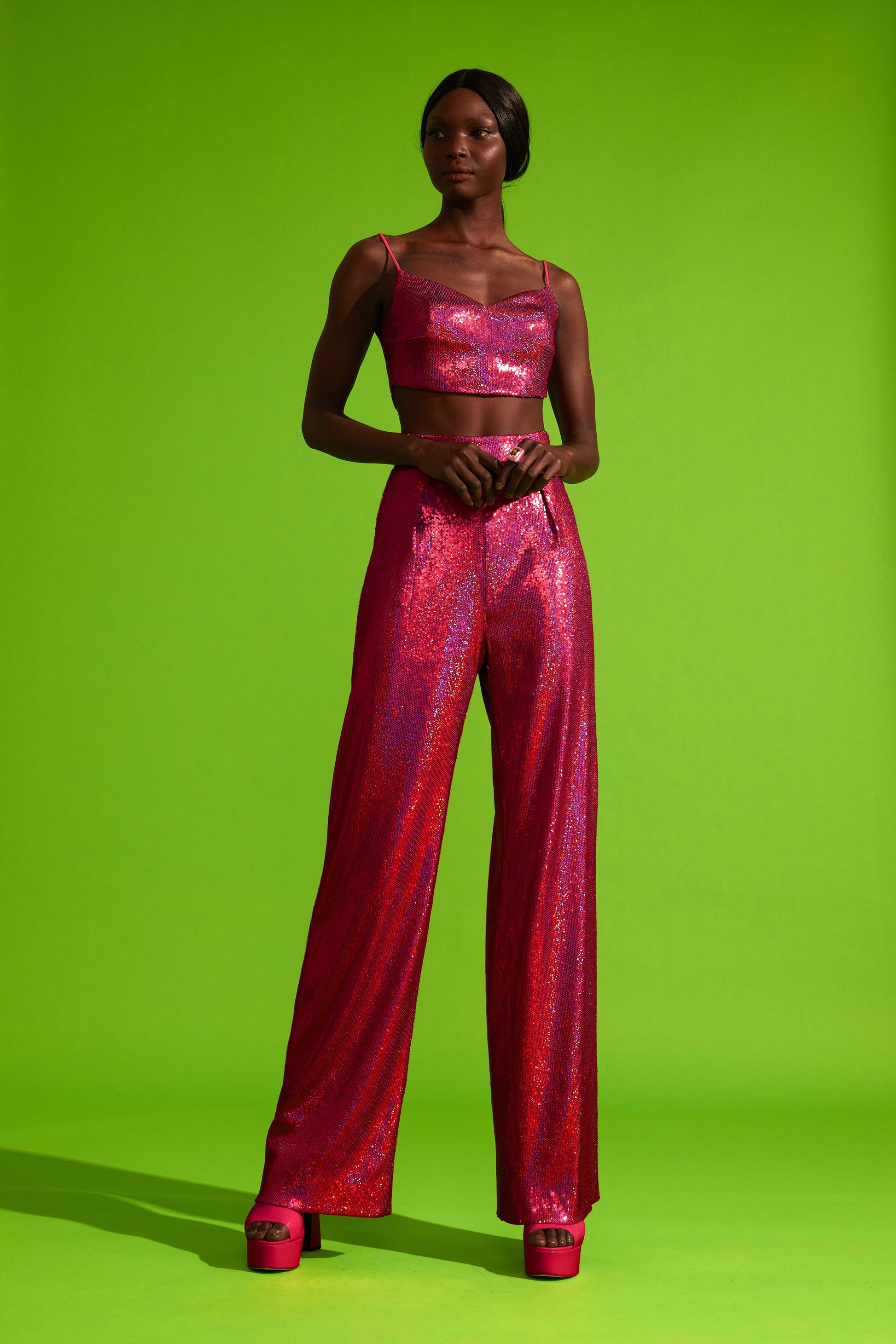 magenta sequin wide leg pants. Glamour fashion