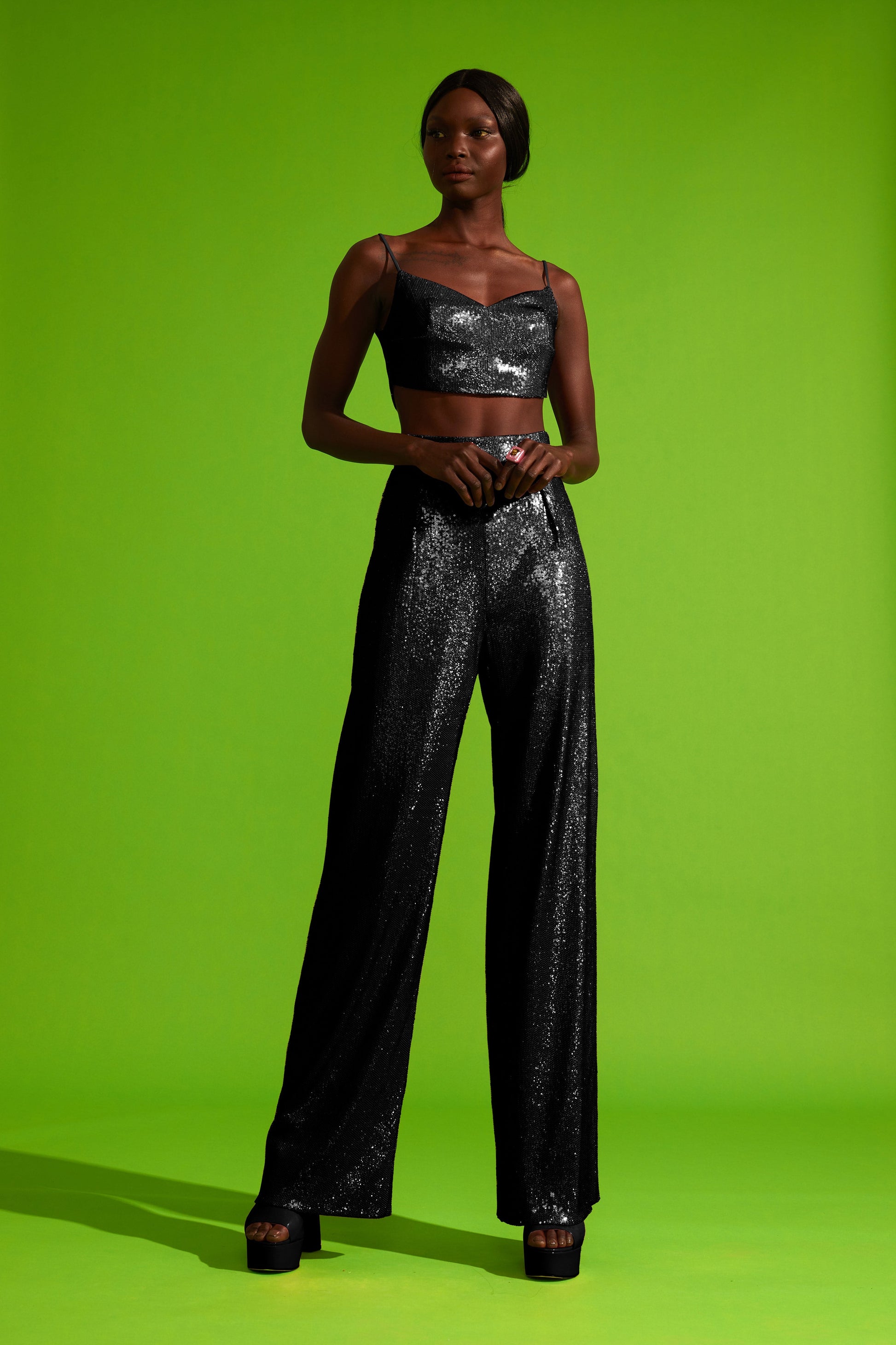 black sequin wide leg pants. Glamour fashion