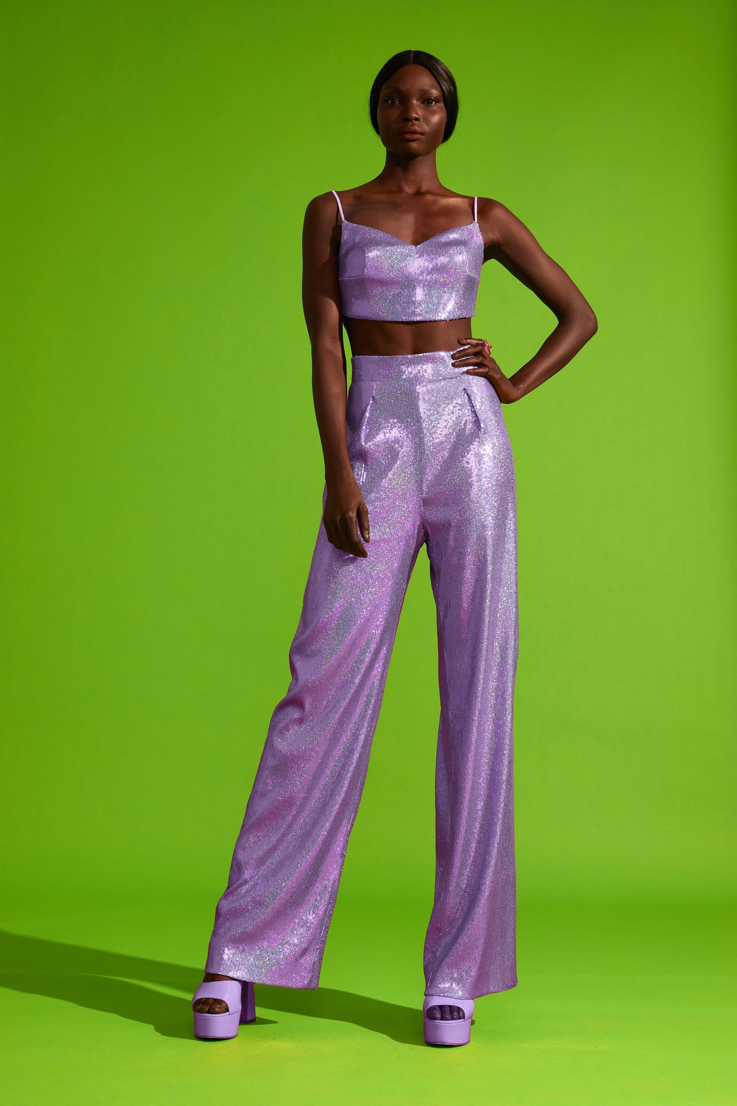 lavender sequin wide leg pants. Glamour fashion