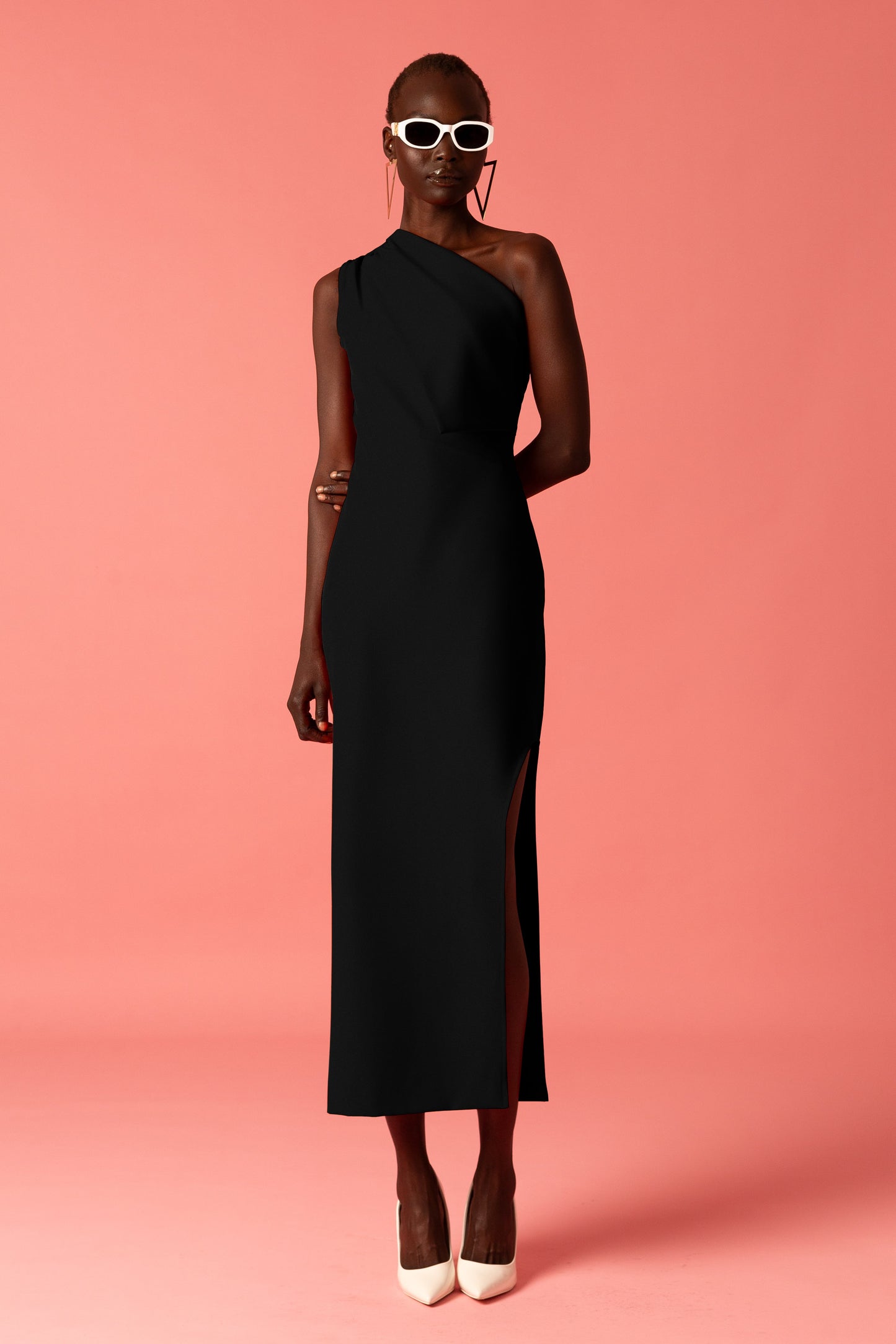 One shoulder gown with leg slit