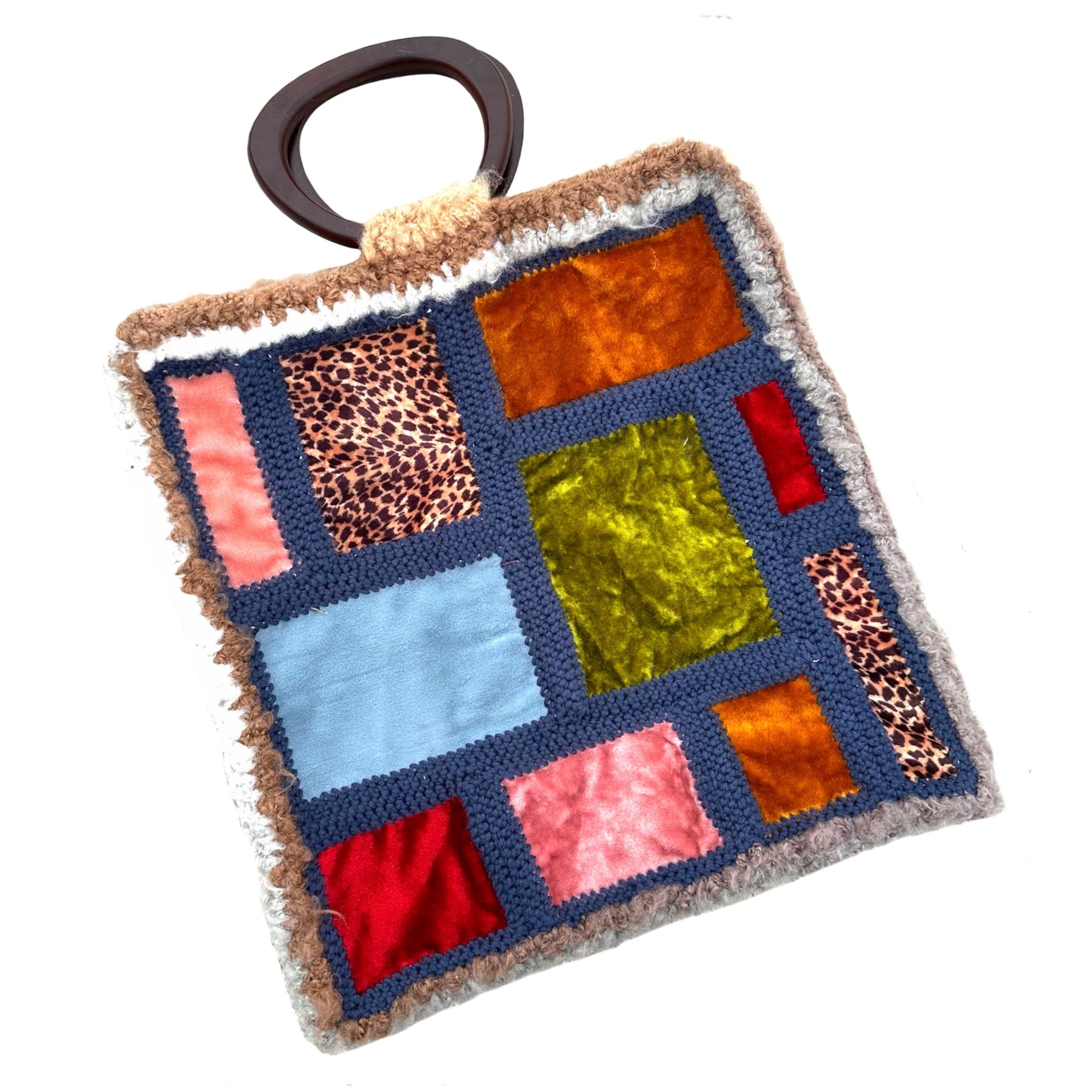 Multicolored patchwork mohair purse with brown handles