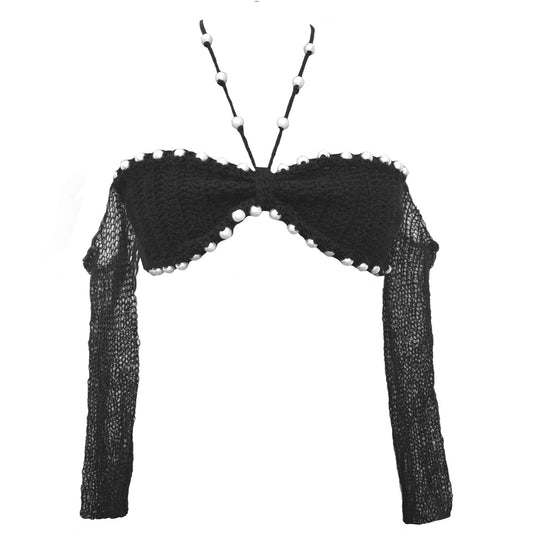 Black crochet top with off the shoulder long mohair sleeves and pearl embellished trim