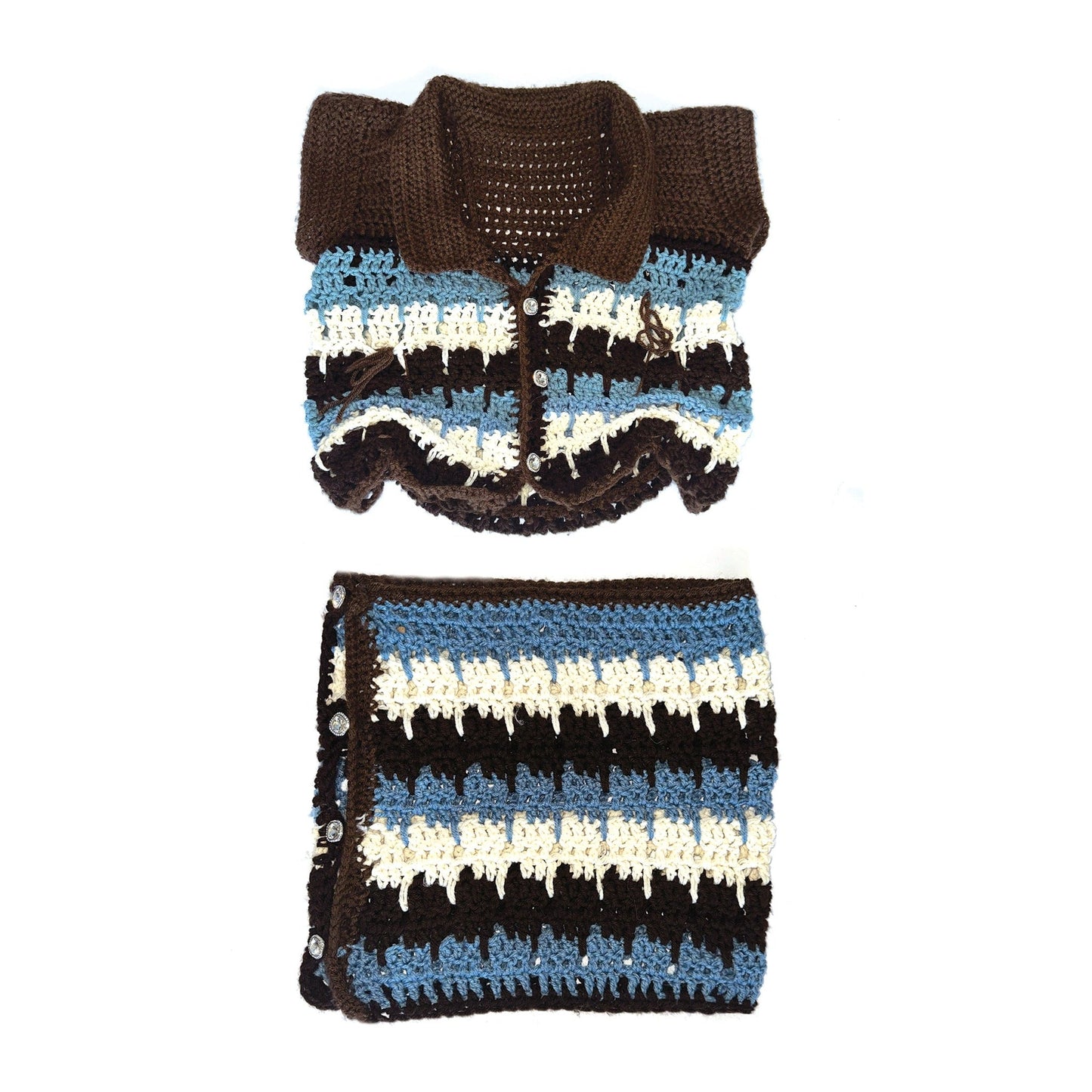 Blue and brown knit crop top and matching miniskirt by Bailey Prado