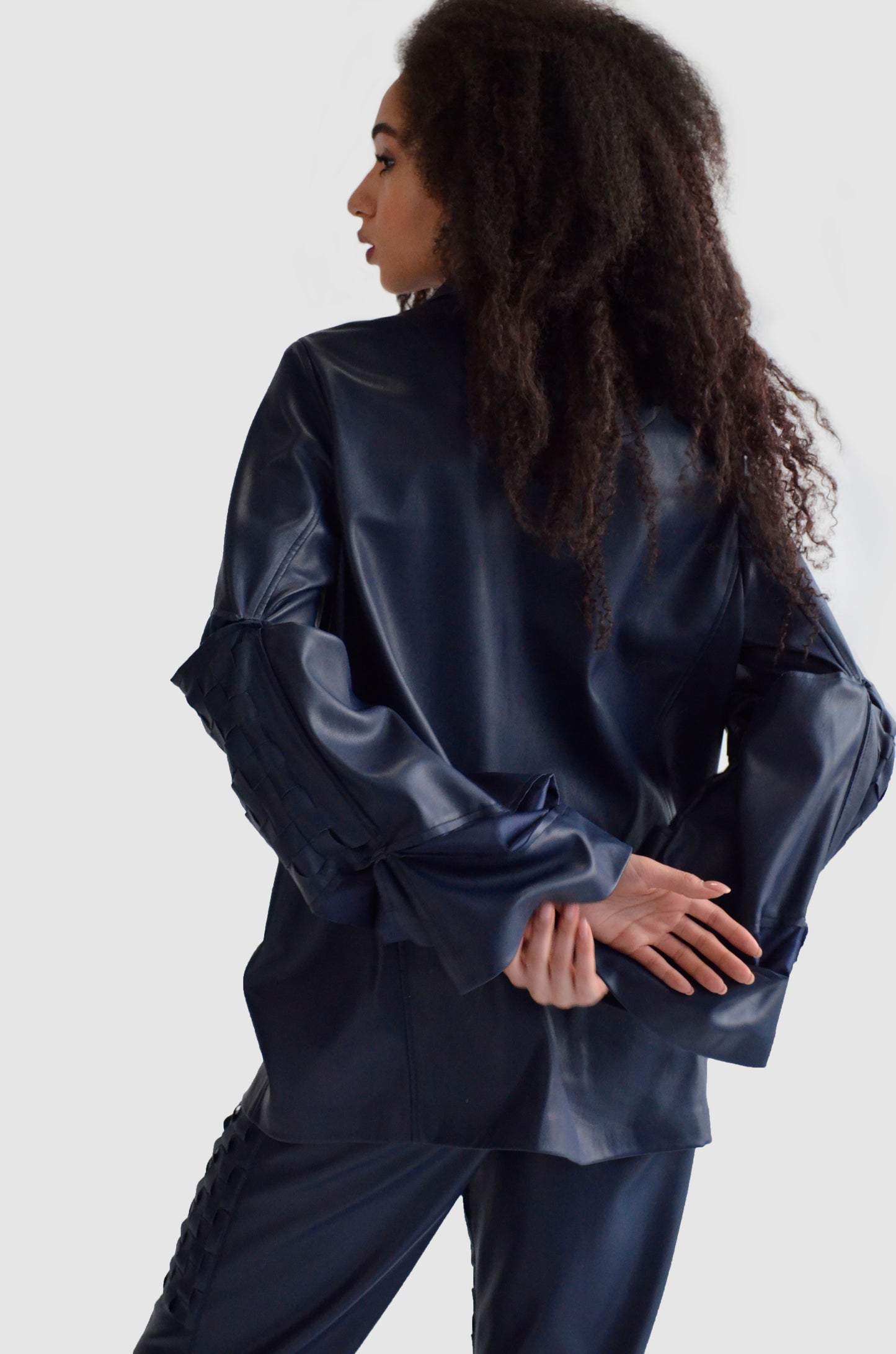 Blue eco leather jacket blazer with weaving detail on the sleeves for women by Holocene