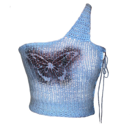 Crochet crop top with one shoulder strap, lace up side fastening and hand spray painted butterfly design