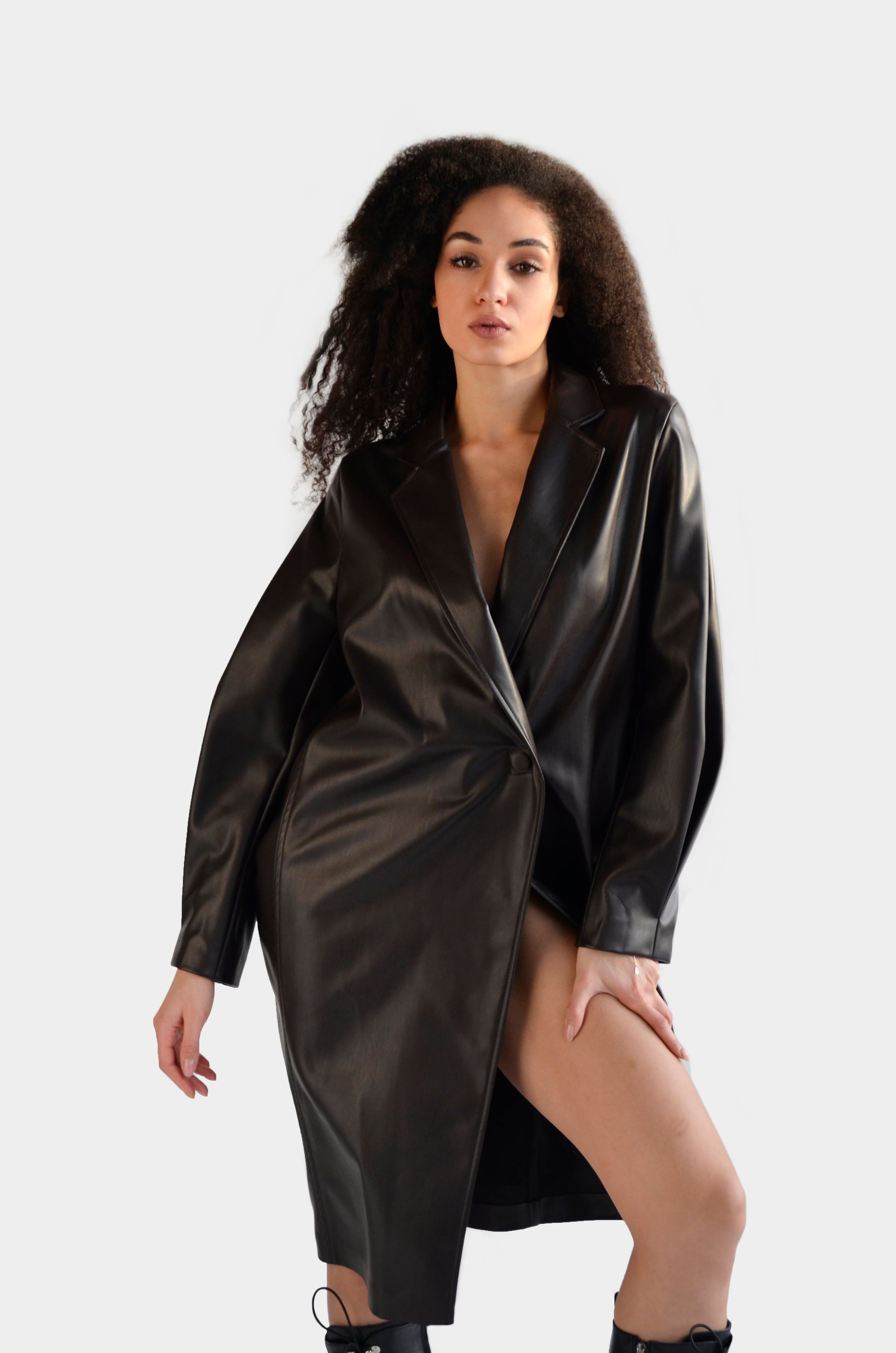 Black eco leather trench coat for women by Holocene