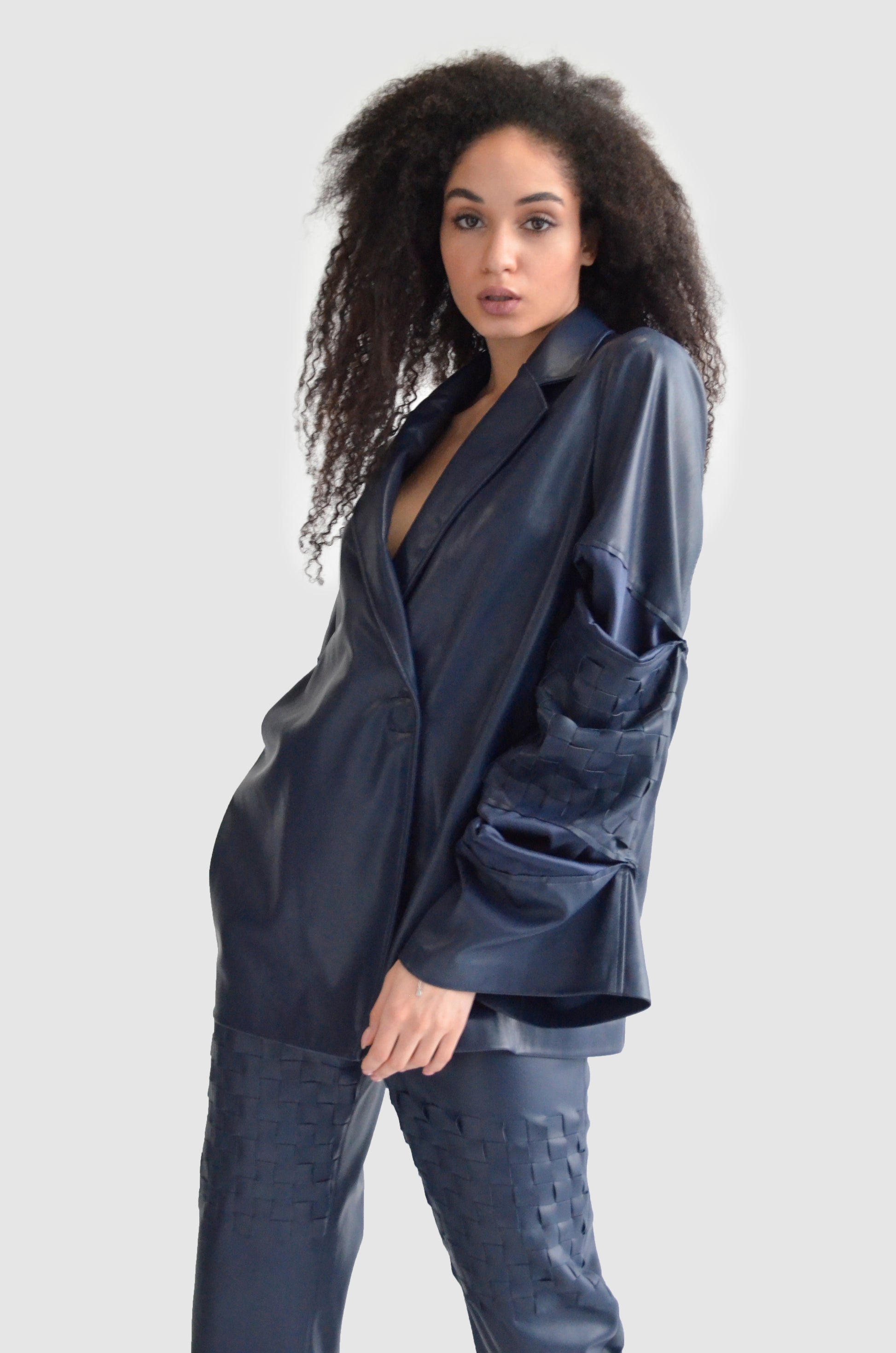 Blue eco leather jacket blazer with weaving detail on the sleeves for women by Holocene