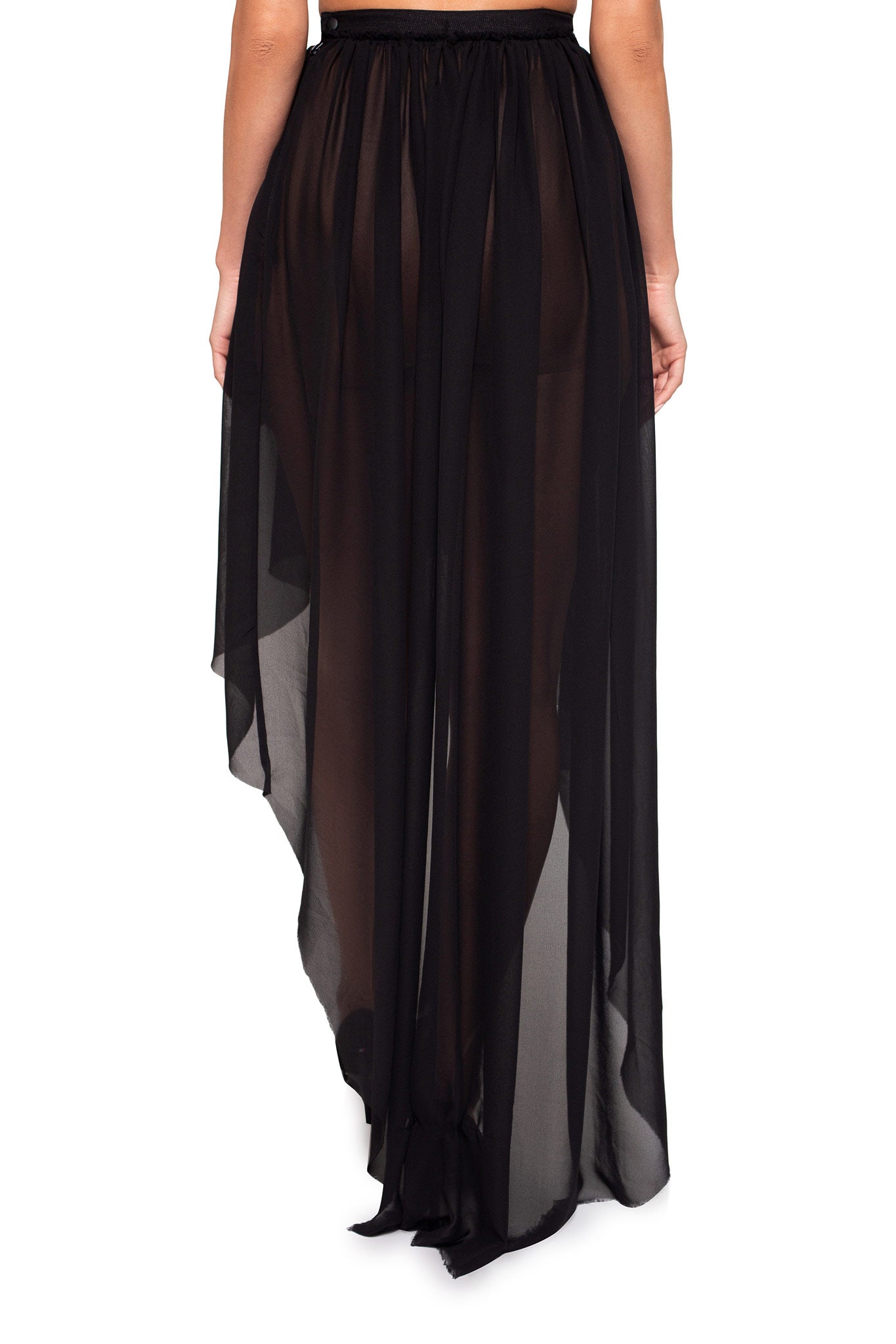 Black sheer chiffon skirt with high-low style for women by Holocene