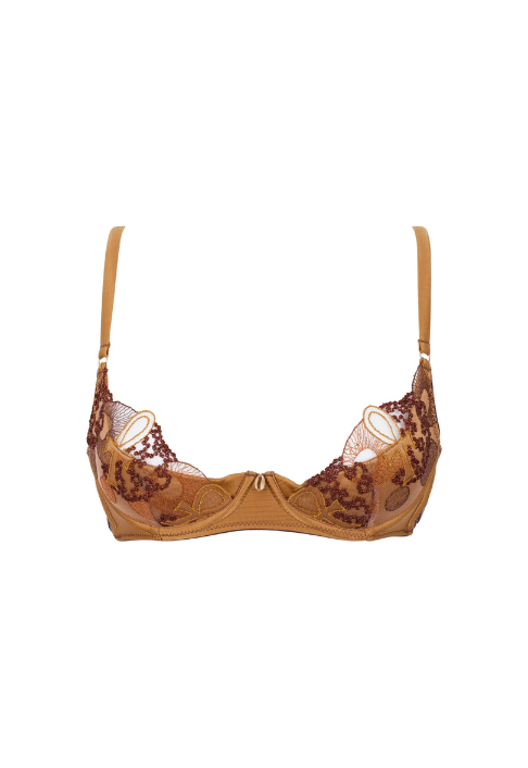 Gold silk quarter cup bra with embroidered lace for women