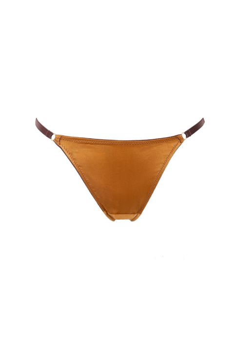 Gold silk underwear brief for women with bikini style straps on hips
