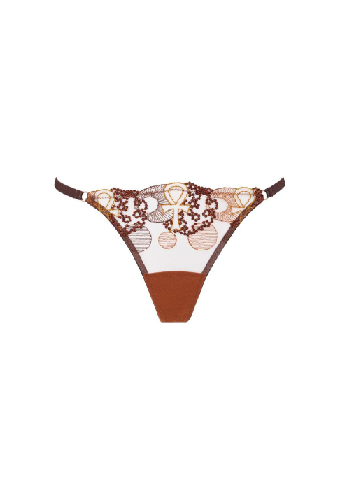Gold and brown embroidered lace thong underwear for women