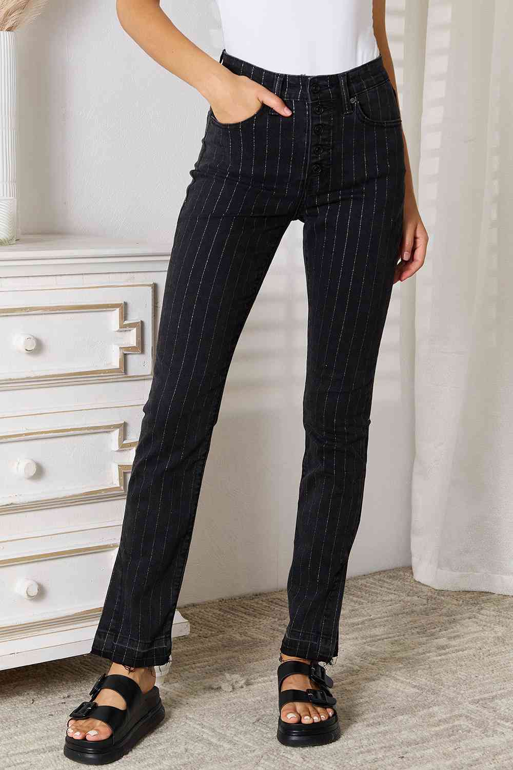 Black pin stripe pants for women