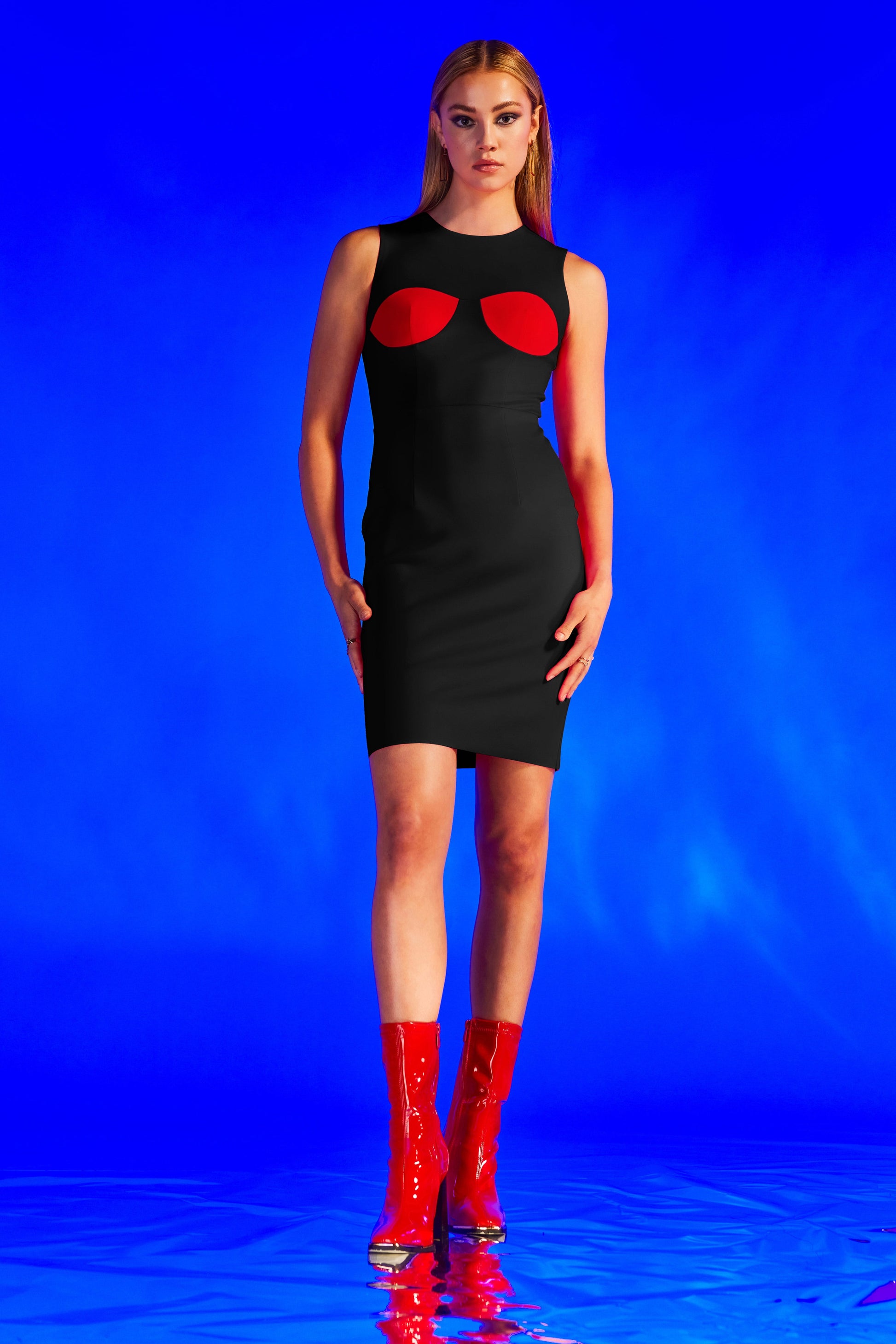 Black and red sleeveless bodycon midi dress for women