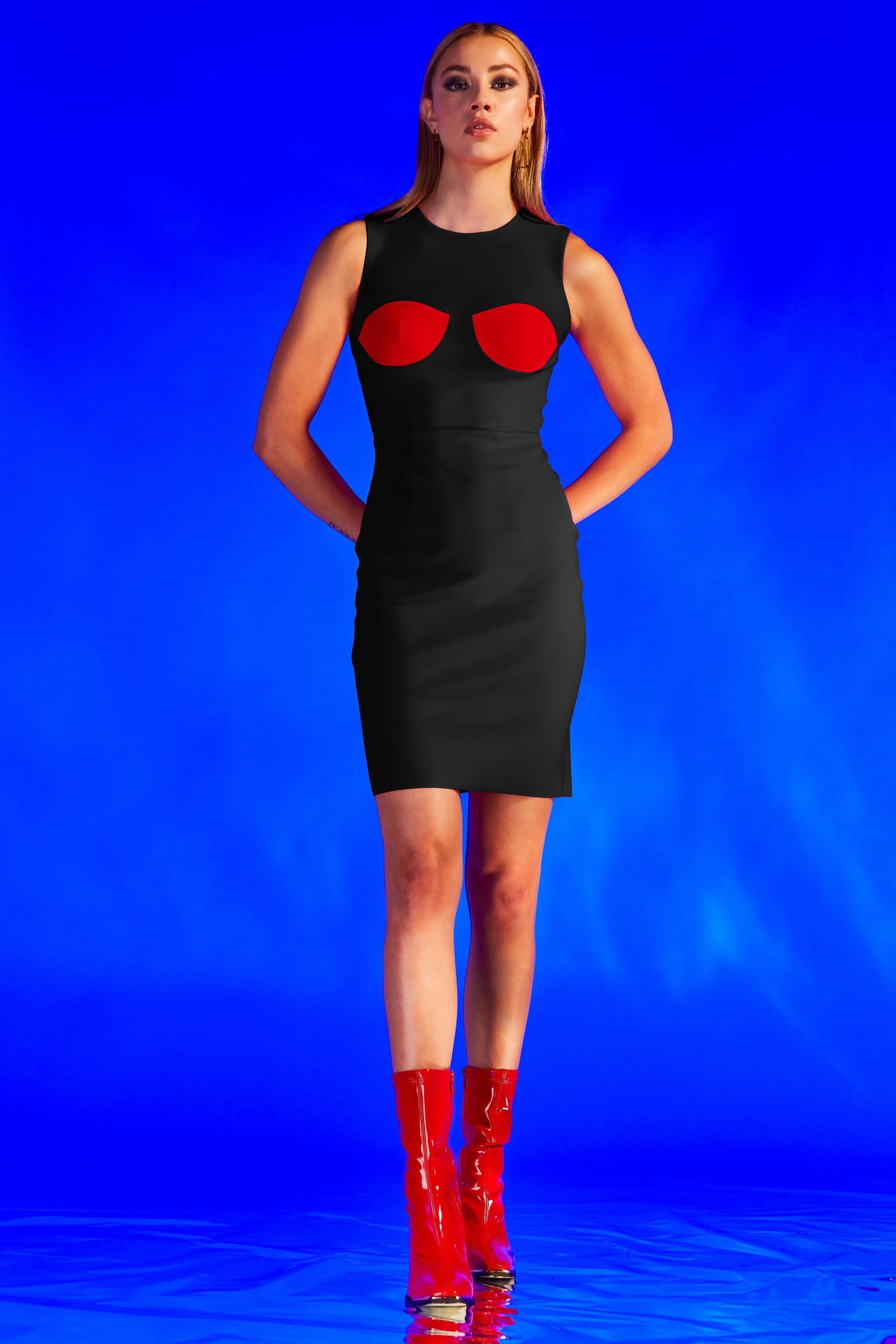 Black and red sleeveless bodycon midi dress for women