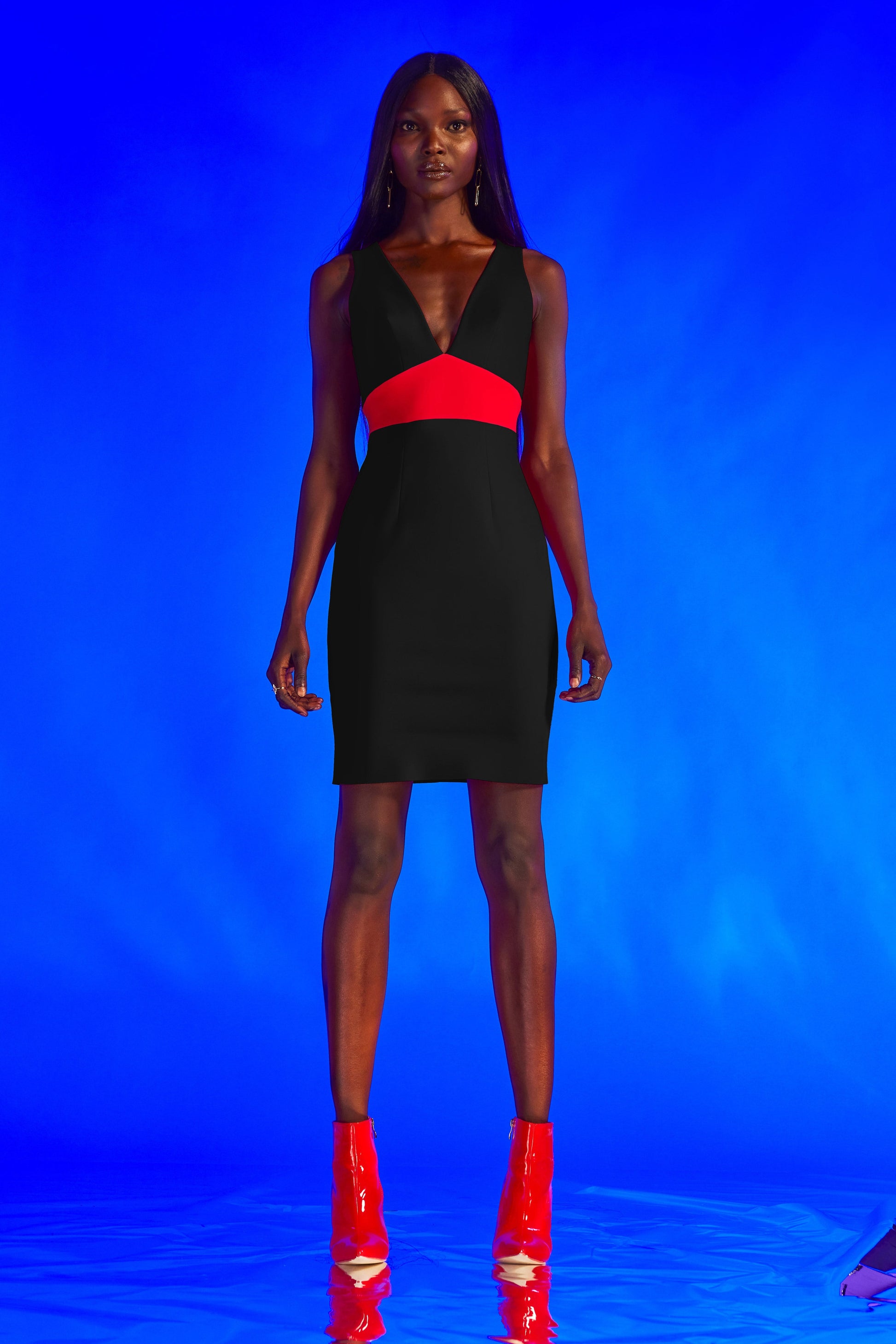 Black and red sleeveless midi dress with plunging neckline for women