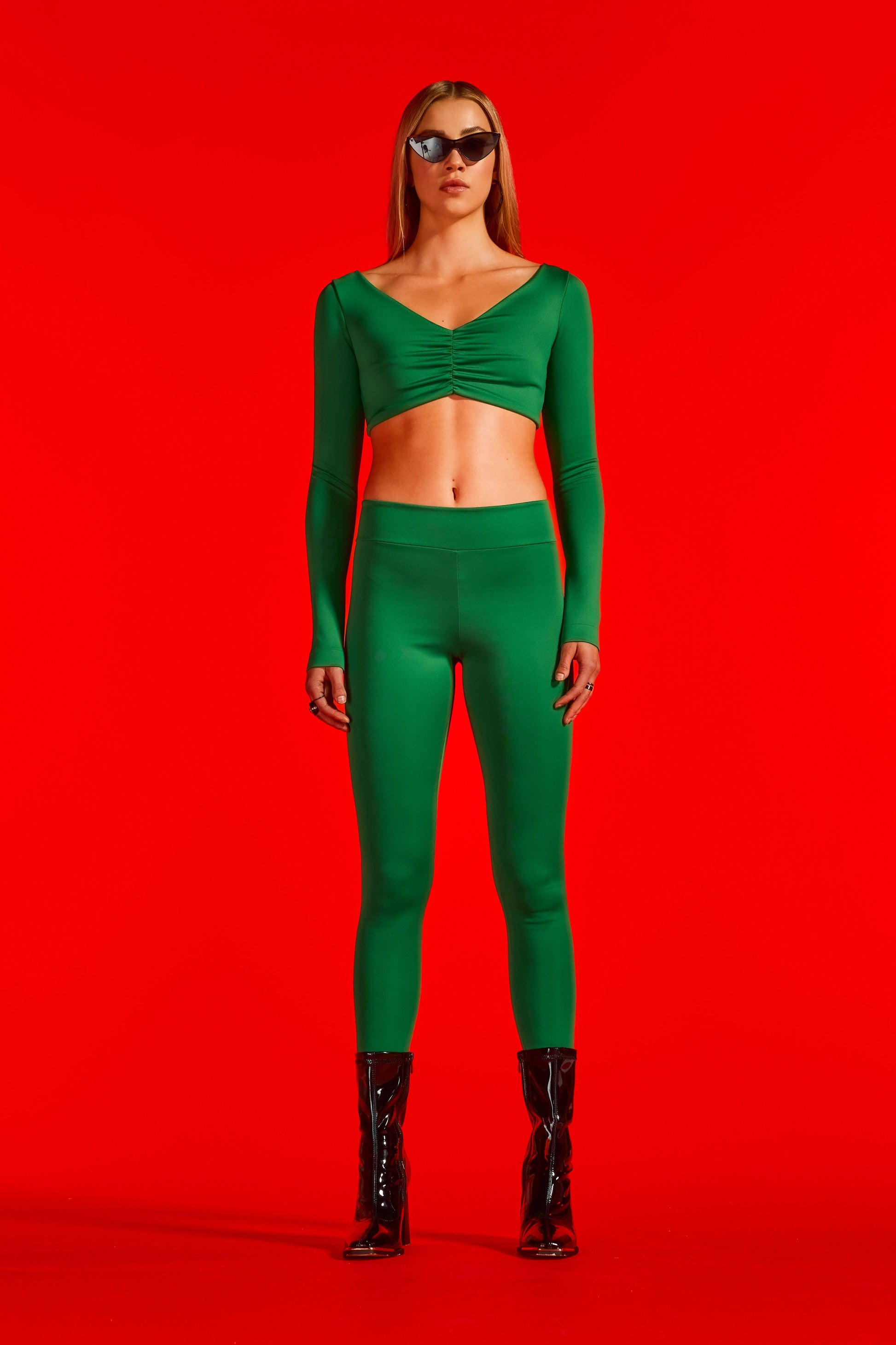 Green high-waisted knit performance leggings for women