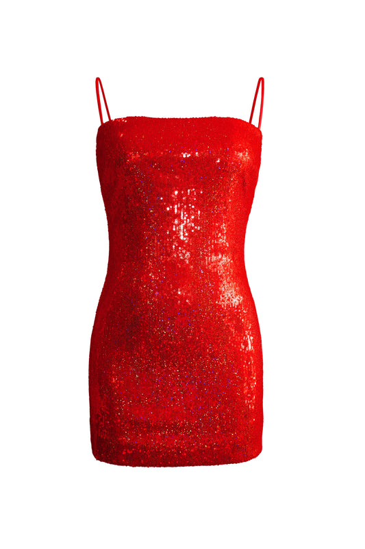Red sequined mini dress with thin straps for women