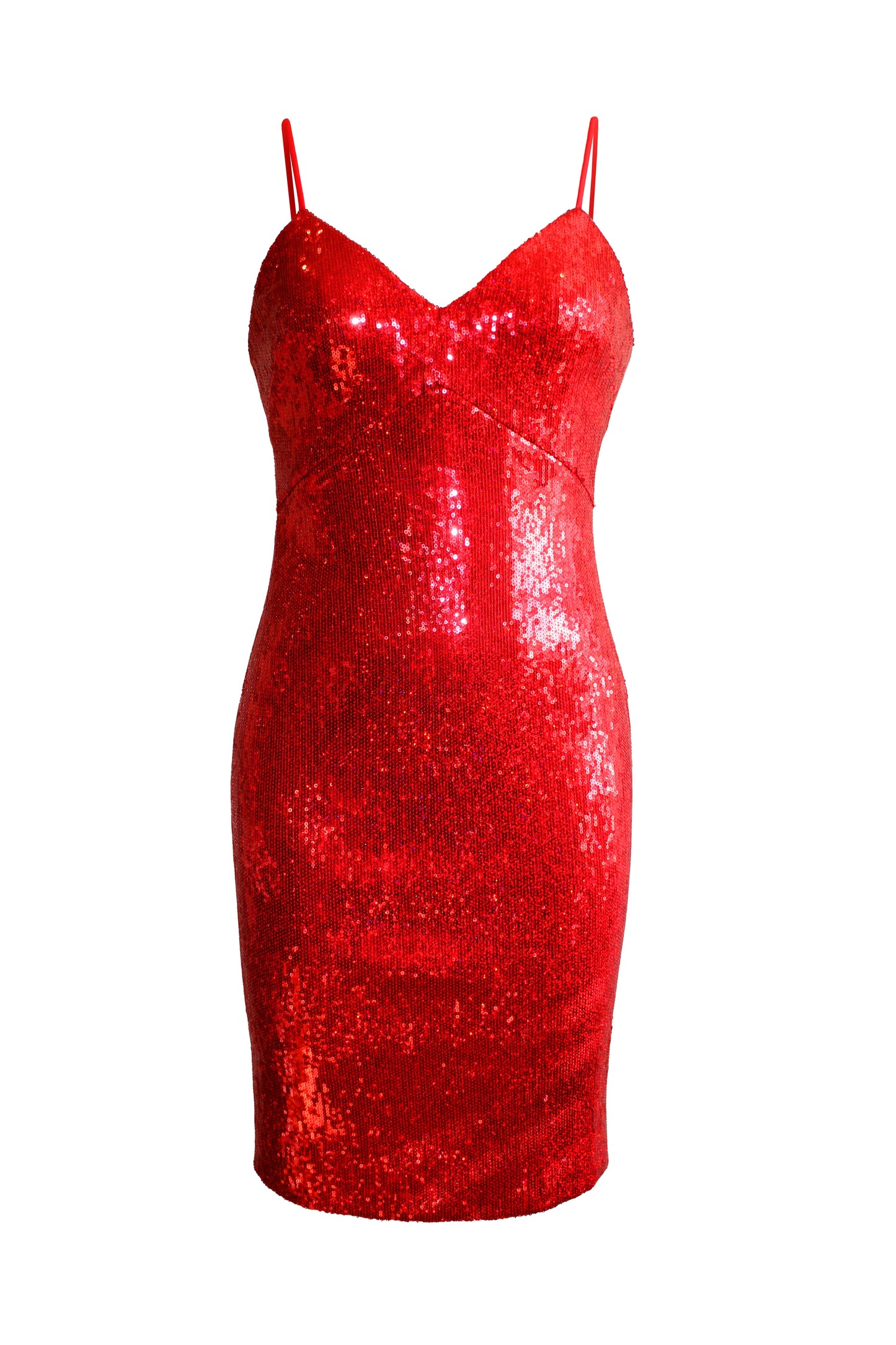 Red sequined fitted midi dress with thin straps for women