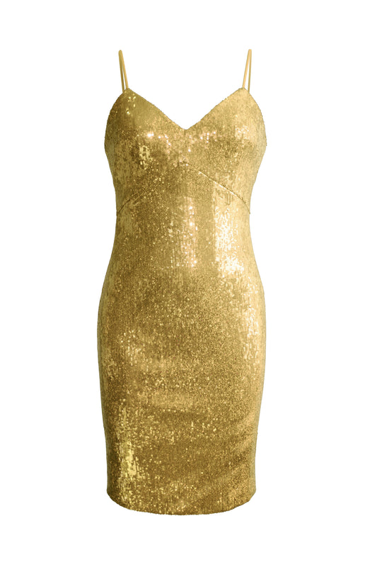 gold sequined fitted midi dress with thin straps for women