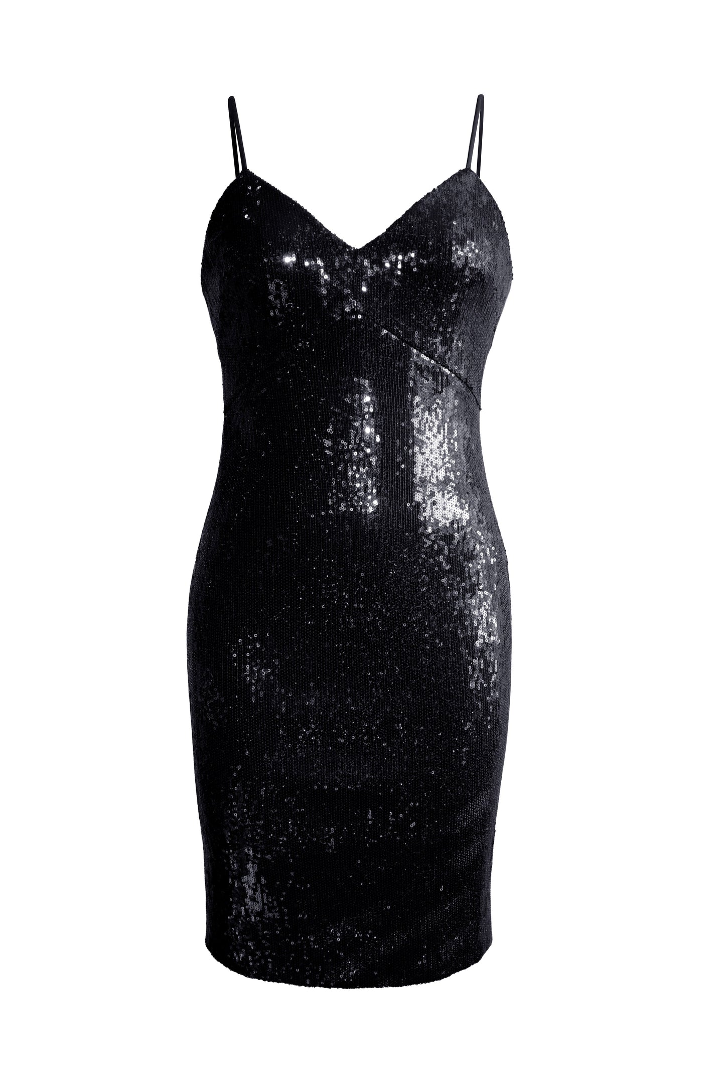 Black sequined fitted midi dress with thin straps for women