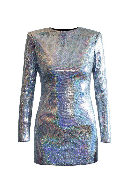 silver sequined mini dress with long sleeves for women