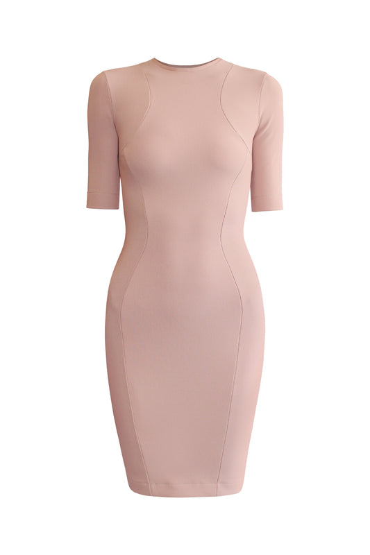 Blush pink short-sleeved ribbed bodycon midi dress for women