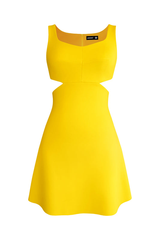 Yellow sleeveless mini dress with side cut-outs for women