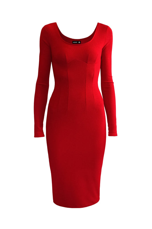 Red long-sleeved bodycon midi dress for women