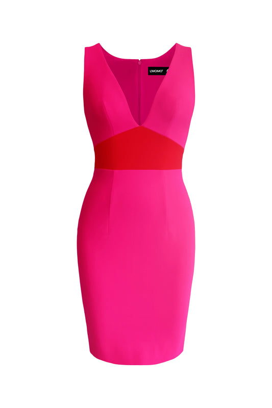 Pink and red sleeveless midi dress with plunging neckline for women