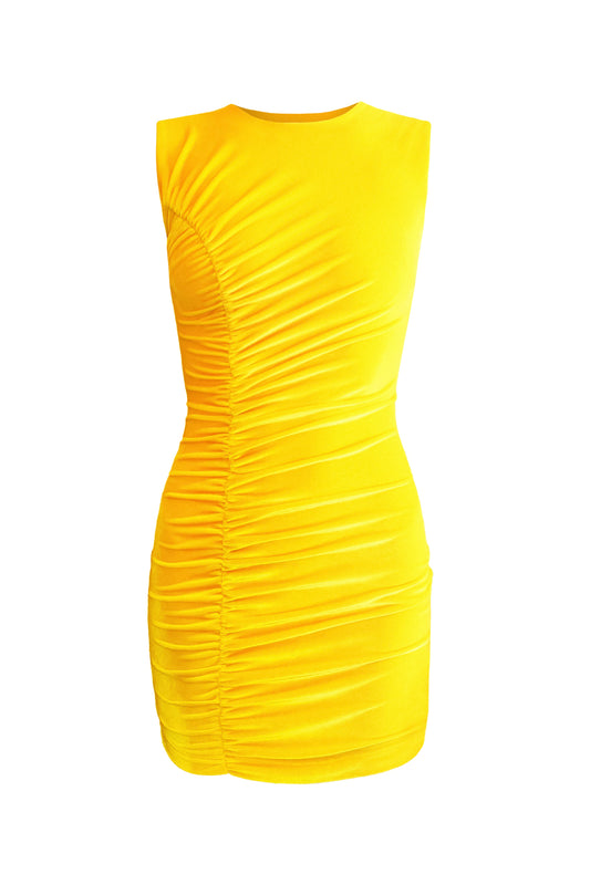 yellow velvet ruched, sleeveless mini dress  for women