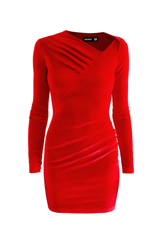 Red velvet tucked, long sleeved, mini dress for women