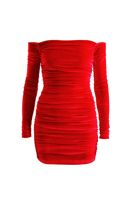Red velvet off the shoulder, long sleeved, mini dress for women