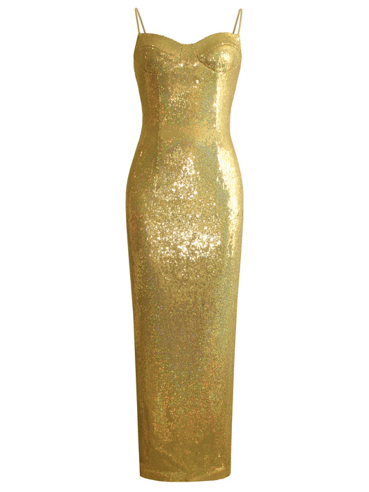 Gold sequined bustier maxi dress with thin straps for women