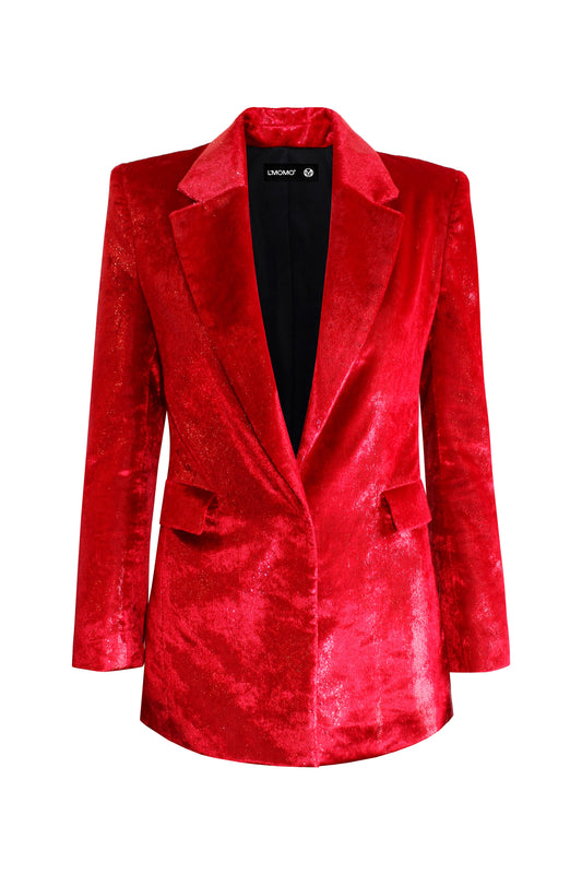 Red single-breasted velvet blazer for women