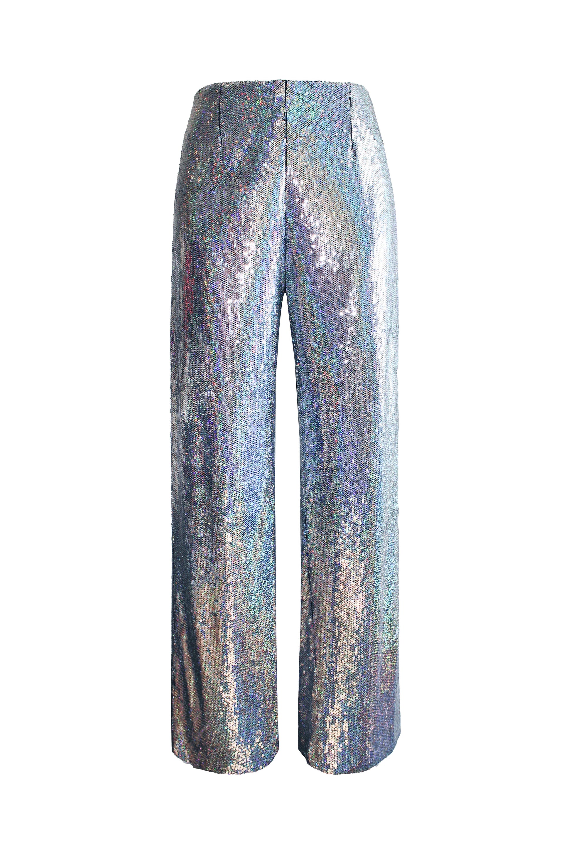 Silver sequined straight-leg trouser pants for women