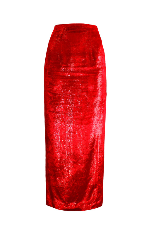 Red velvet maxi skirt for women
