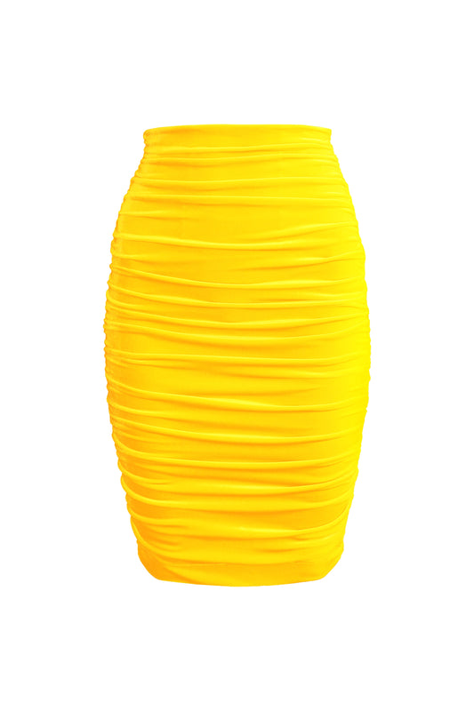 Yellow velvet ruched, sleeveless midi skirt  for women