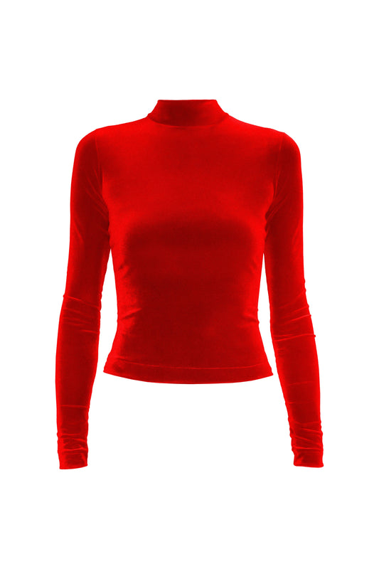Red velvet long-sleeved turtleneck shirt for women