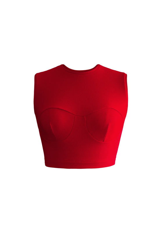 Red ribbed fitted crop top for women