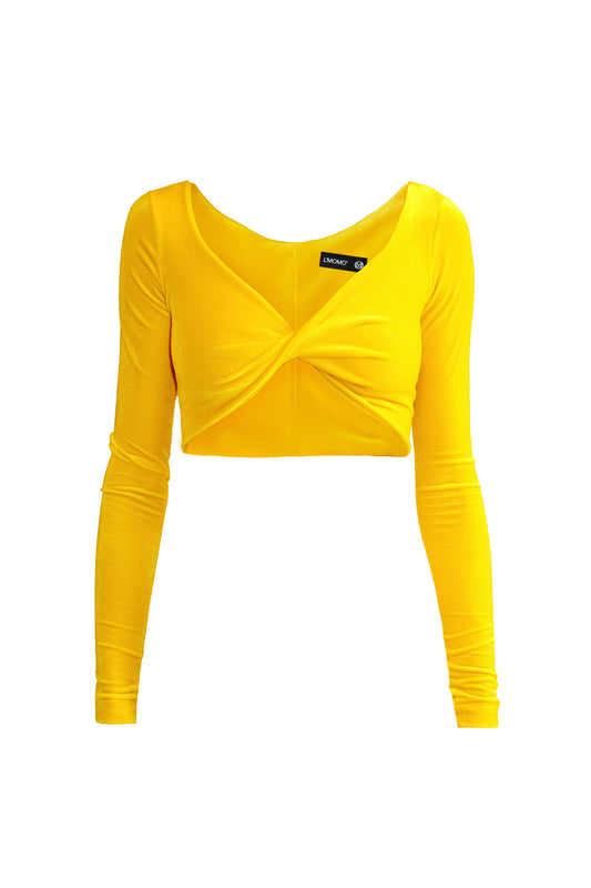 Yellow velvet twisted, long sleeved, cropped top for women