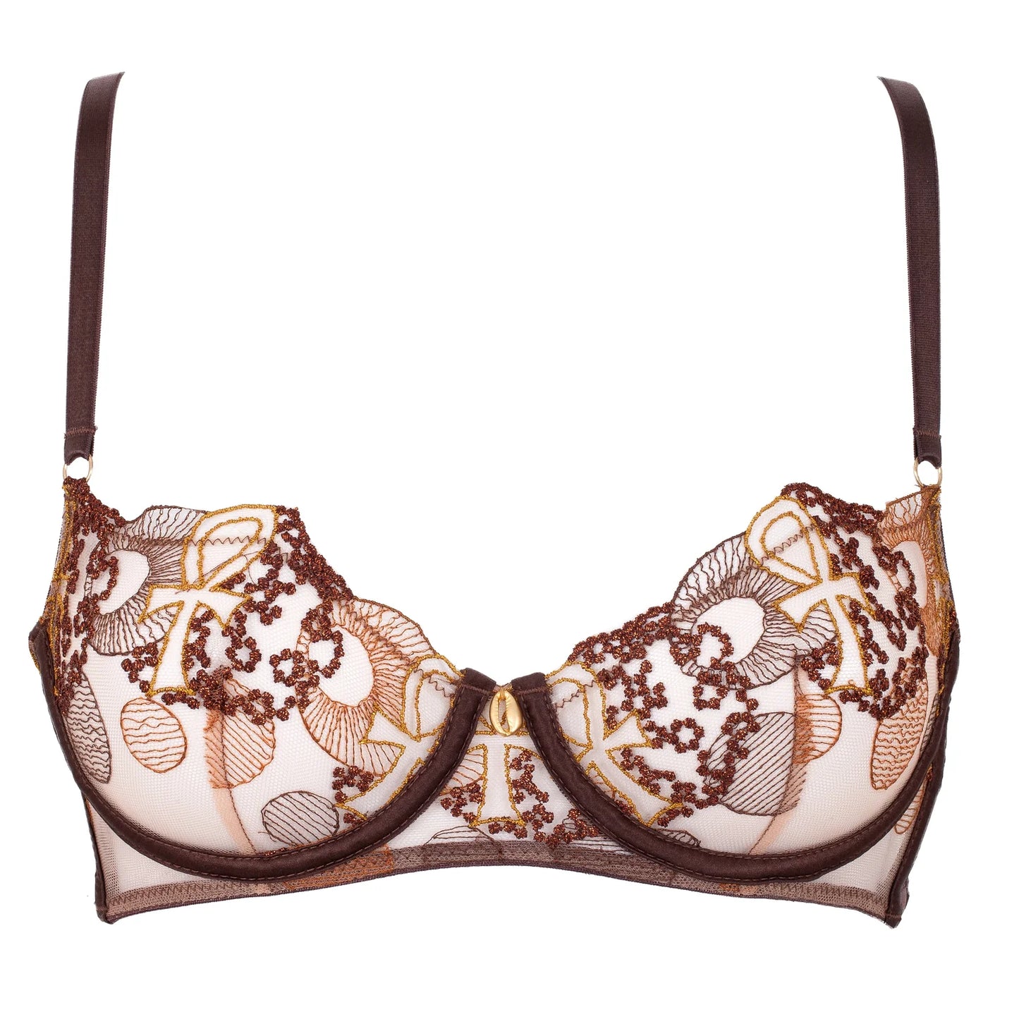 Gold and brown lace bra with gold shell charm on the front. Lingerie for women