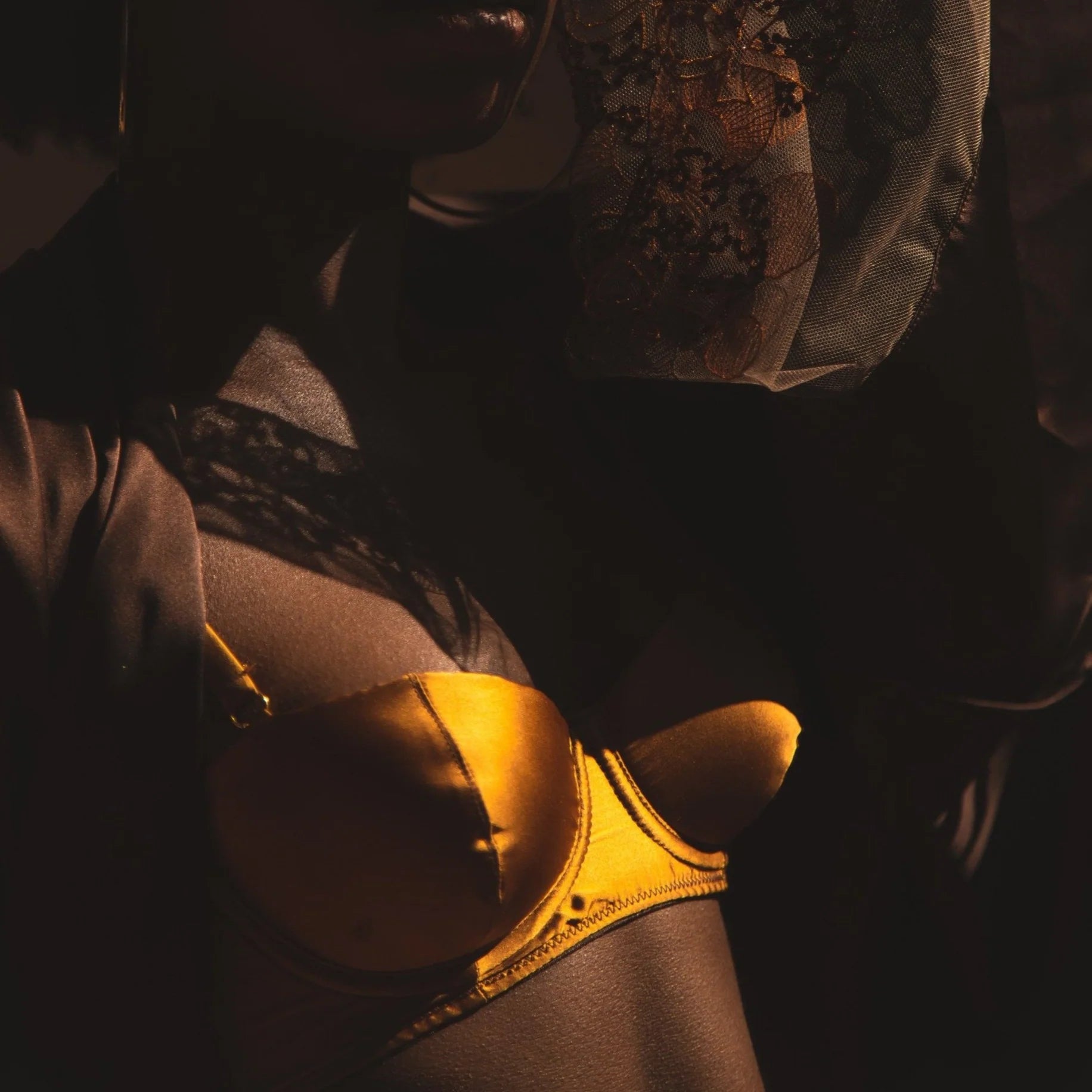 Model wearing gold satin bra and brown lace robe