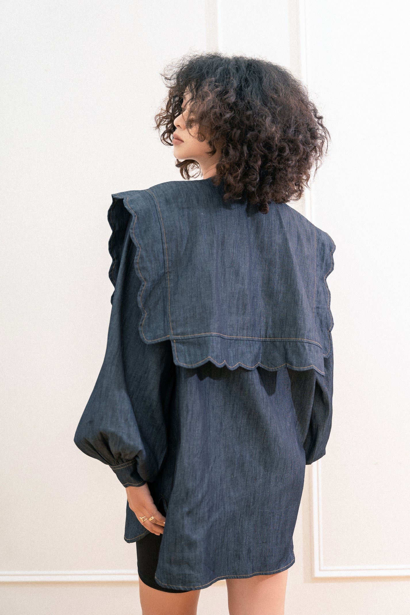 Denim shirt with long puff sleeves and sailor collar for women