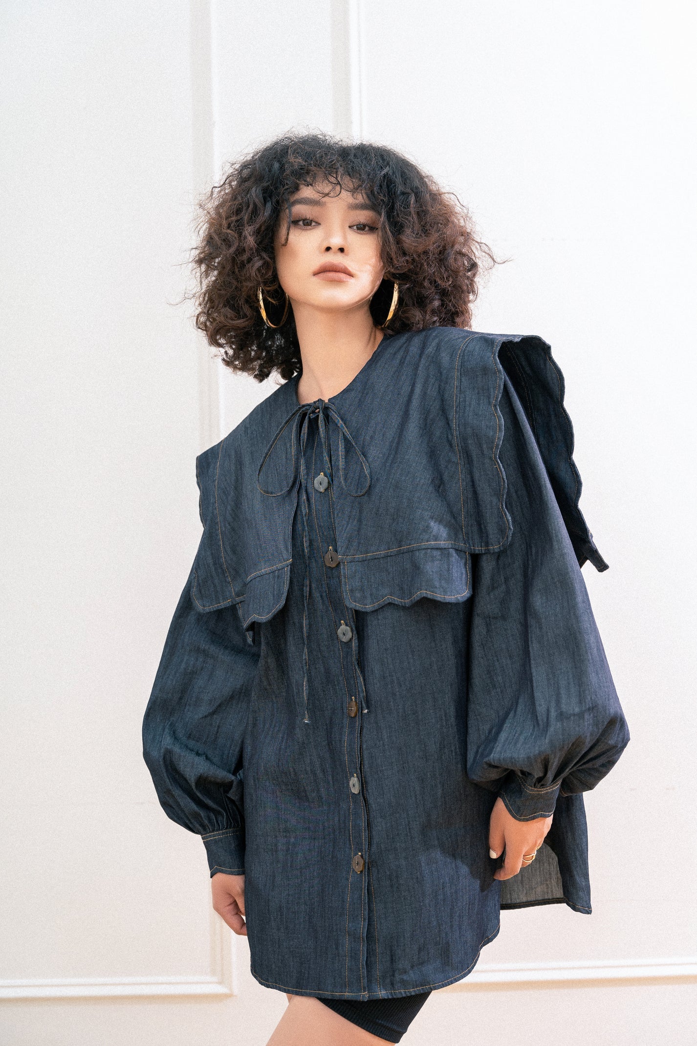 Denim shirt with long puff sleeves and sailor collar for women