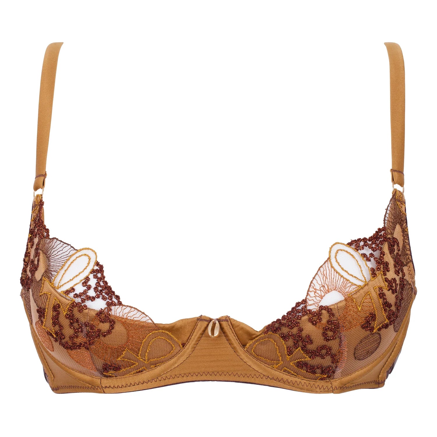 Gold silk quarter cup bra with embroidered lace for women