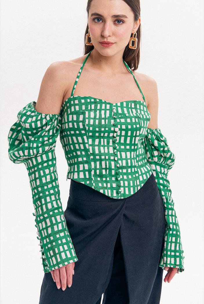 Green and white plaid patterned bustier with long sleeves for women