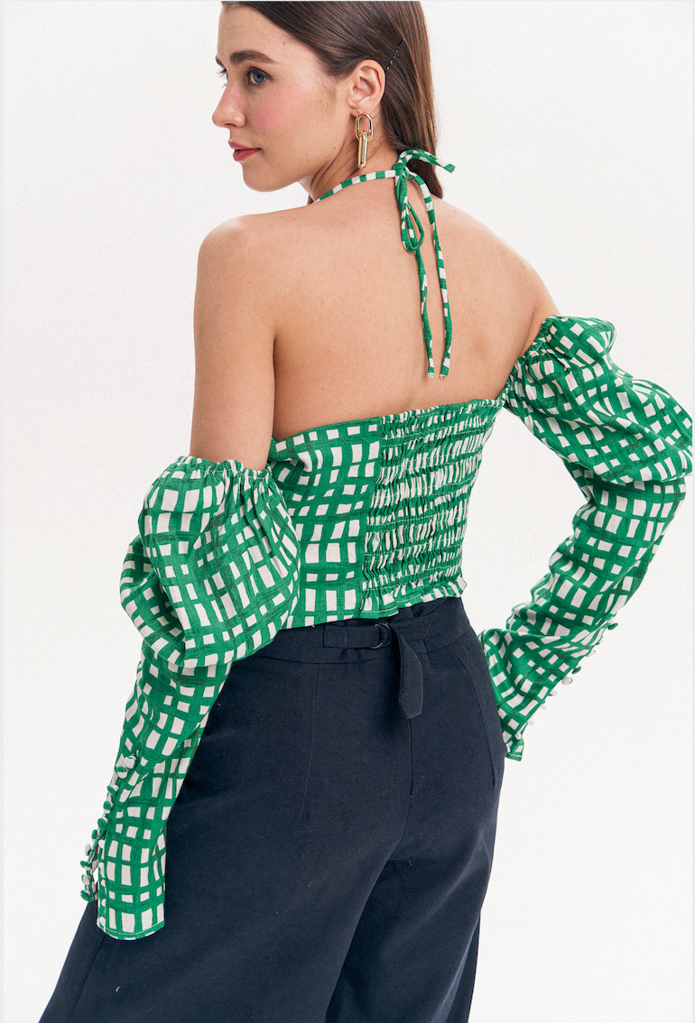 Green and white plaid patterned bustier with long sleeves for women